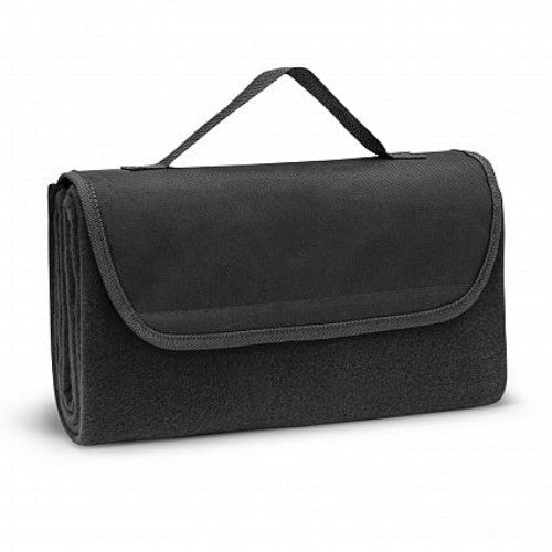 Super soft black Yukon Fleece Blanket, ideal for warmth at home or outdoor events, with carry handle and fastener.