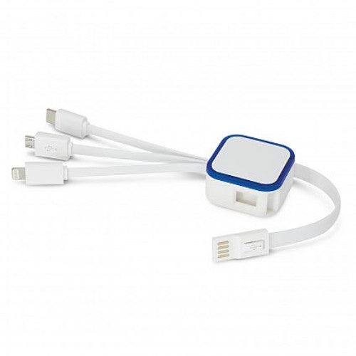 Cypher Charging Cable in white and blue with four connectors, lights up during use, ideal for mobile devices.