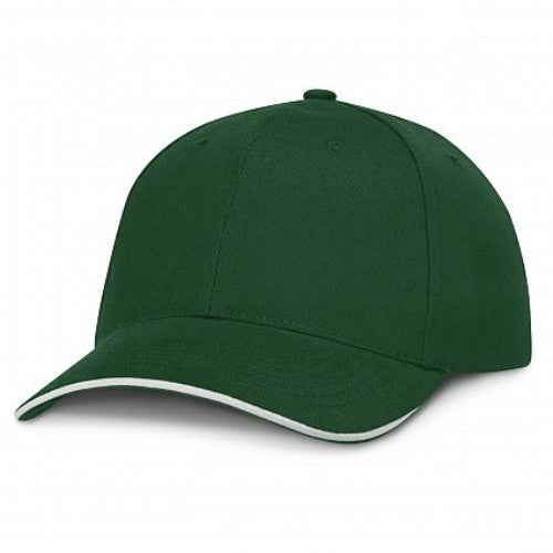 Set of 6 dark green and white premium caps, featuring embroidered eyelets and adjustable chrome buckle for comfort and style.