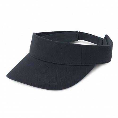 Set of 6 navy sun visors made of brushed cotton with a pre-curved peak and adjustable closure for sun protection and comfort.