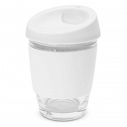 Set of 6 white reusable glass coffee cups with silicone lids and bands, perfect for eco-conscious beverage lovers.