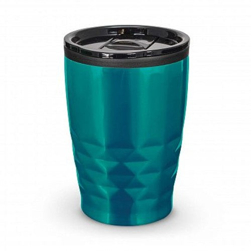 Set of 12 teal Urban Coffee Cups with diamond patterned stainless steel, double-wall insulation, and splash-proof lids.