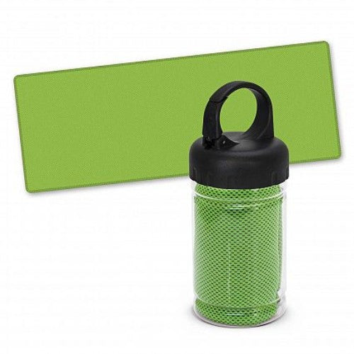 Bright green cooling sports towels in a tube, designed to stay cool for athletes during outdoor activities. Set of 6.
