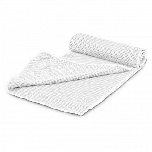 Set of 6 white Yeti cooling towels in a tube, made of nylon and polyester for instant cooling relief during outdoor activities.