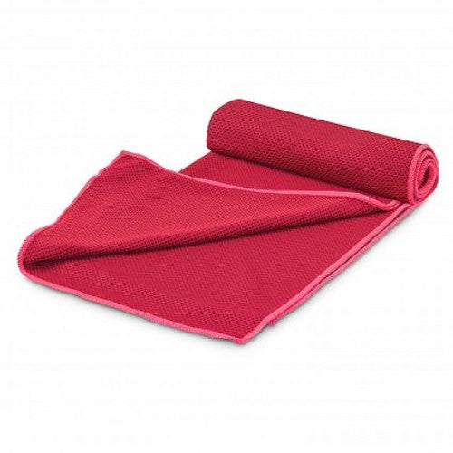 Set of 6 vibrant red Yeti cooling towels, ideal for quick relief from heat during sports and outdoor activities, with carabiner tube.