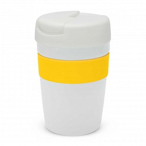 Insulated 340ml Java Vacuum Cup in white and yellow, featuring a silicone band, spill-proof lid, and stylish design.