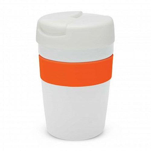Java Vacuum Cup in white and orange, 340ml, features a silicone band, vacuum insulation, and a splash-proof lid for hot beverages.