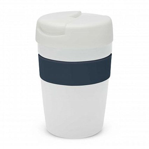 Java Vacuum Cup in white and navy, 340ml, double-wall insulated for hot drinks, with a silicone grip and secure lid.