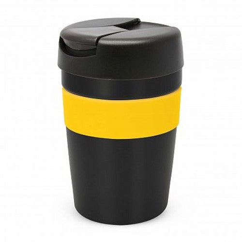 Java Vacuum Cup - 340ml in black and yellow, stainless steel, vacuum insulated, with silicone band and spill-proof lid.