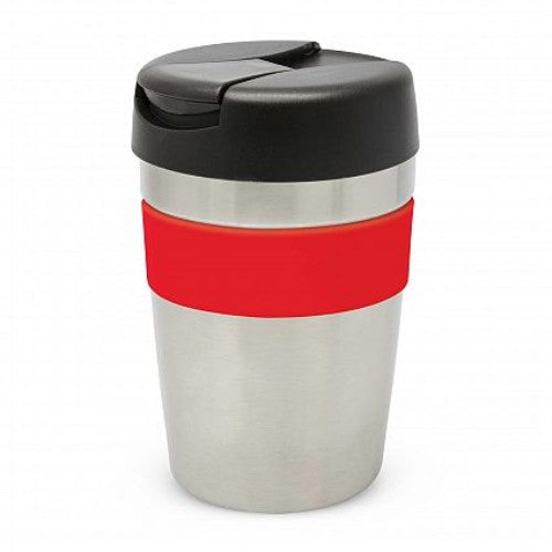 Sleek silver and black 340ml stainless steel vacuum cup with a red silicone band, ideal for hot beverages on the go.