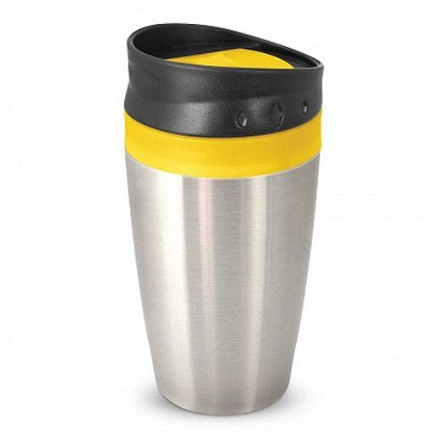 Set of 12 bright yellow Octane Coffee Cups with double-wall design, stainless steel, and secure lids for travel convenience.