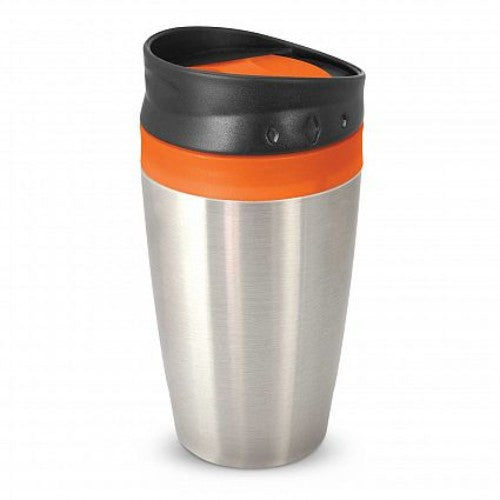 Set of 12 vibrant orange Octane Coffee Cups with durable double-wall design, spill-proof lids, and non-marking bases.