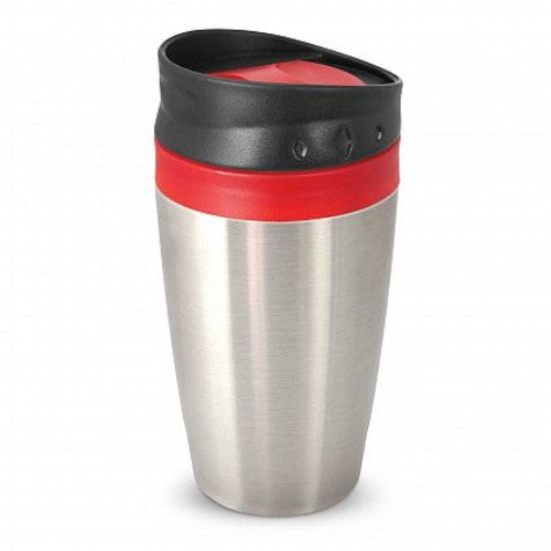 Set of 12 striking red Octane Coffee Cups with double wall design, stainless steel outer, and secure screw-on lids.