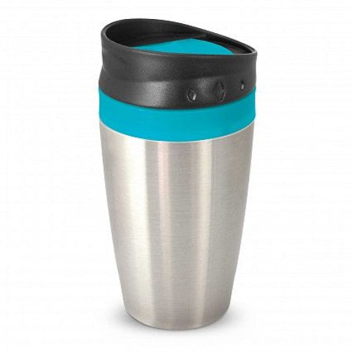 Set of 12 light blue Octane coffee cups with double-wall insulation, stainless steel exterior, and secure lids for spill-free enjoyment.