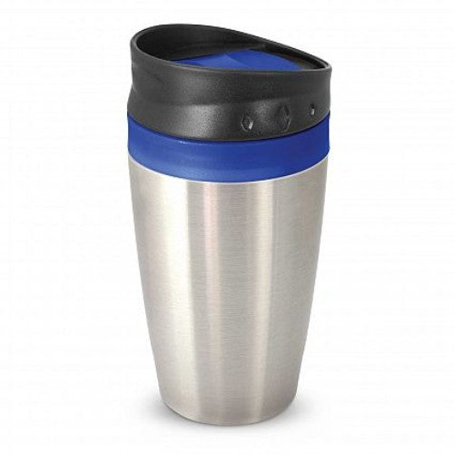 Set of 12 elegant dark blue Octane Coffee Cups with double wall insulation and spill-proof lids for hot beverages.