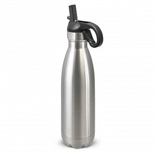 Silver 700ml stainless steel drink bottle with flip lid, straw, and carabiner clip for easy hydration on-the-go.