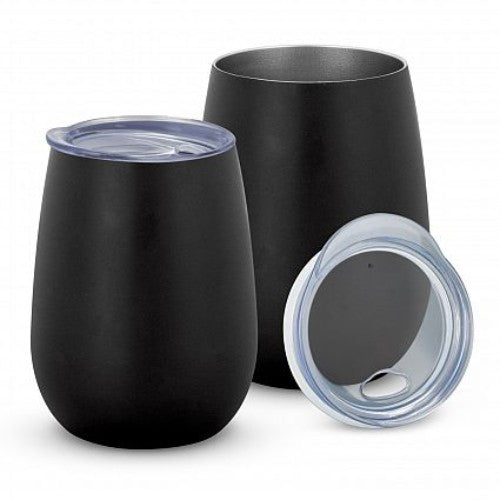 Sleek black Cordia Vacuum Cup with double wall insulation, keeps drinks hot or cold for 3 hours, ideal for on-the-go hydration.