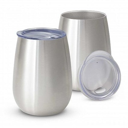 Sleek stainless steel vacuum cup with push-on lid, 300ml capacity, keeps beverages hot or cold for 3 hours, elegantly designed.