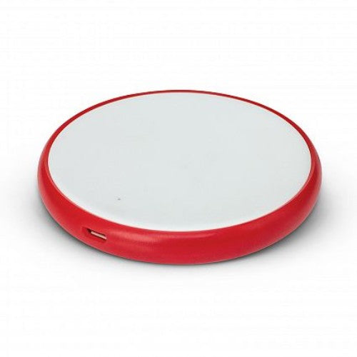 Radiant round red wireless charger (80mm diameter) with 5W power and dynamic light show for QI-enabled devices.