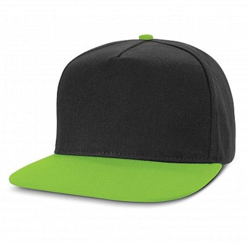 Set of 6 black and bright green flat peak caps made of heavy brushed cotton with adjustable snap-back closure and embroidered eyelets.