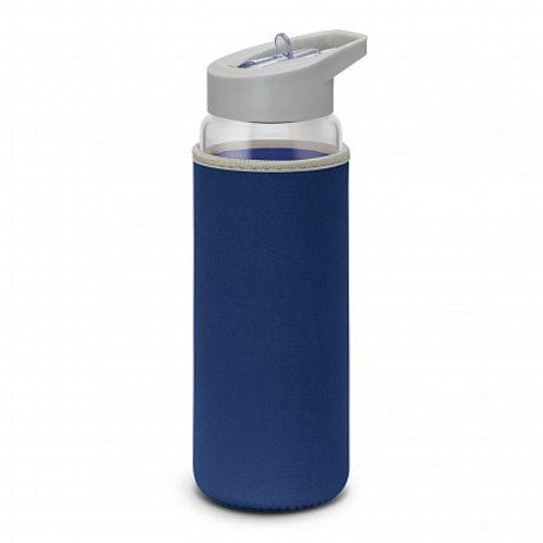 Elixir Glass Drink Bottle with Clear and Dark Blue sleeve, 700ml, shatter-resistant, with straw and carry handle.