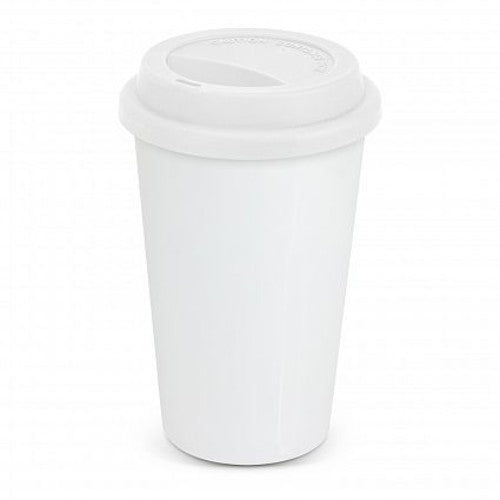 White Aztec Double Wall Coffee Cup, 350ml, ceramic, keeps drinks hot, cool exterior, sleek design for home or office use.