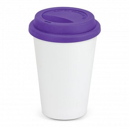 Elegant white and purple double wall ceramic coffee cup with secure silicone lid, perfect for hot drinks on the go.