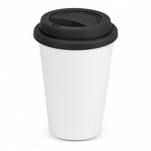 Aztec Double Wall Coffee Cup in white and black, featuring a 300ml capacity, silicone lid, and insulated design for hot drinks.