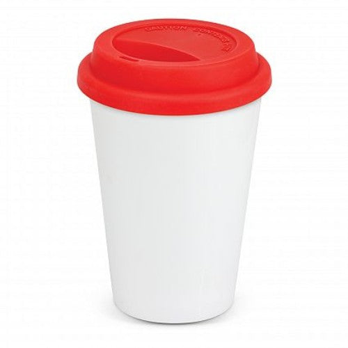 Aztec Double Wall Coffee Cup in white and red with silicone lid, designed for hot drinks and stylish sipping on-the-go.