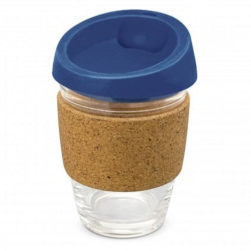Stylish dark blue reusable glass coffee cup with cork band and silicone lid, perfect for eco-conscious coffee lovers.