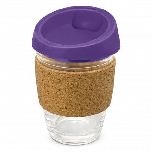 Stylish purple 340ml reusable glass coffee cup with cork band and silicone lid for eco-friendly coffee enjoyment.