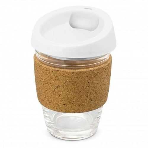 Eco-friendly white glass coffee cup with cork band and silicone lid, perfect for stylish on-the-go beverage enjoyment.