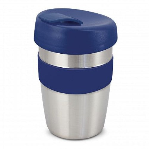 Set of 6 dark blue reusable coffee cups with silicone bands and secure lids, designed for hot drinks on-the-go.