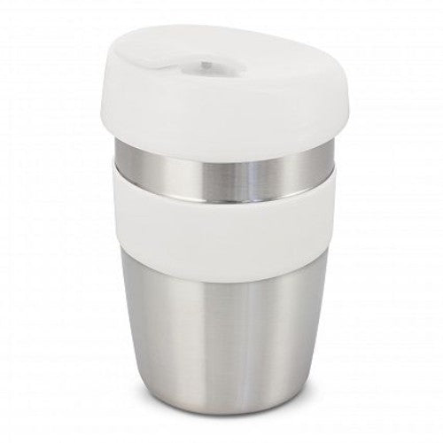 Set of 6 elegant white reusable coffee cups with silicone bands, designed for eco-conscious coffee lovers.