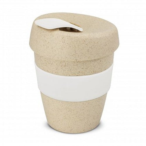 Eco-friendly white reusable coffee cups set of 12, made from rice husk fiber and BPA-free polypropylene, 350ml capacity.
