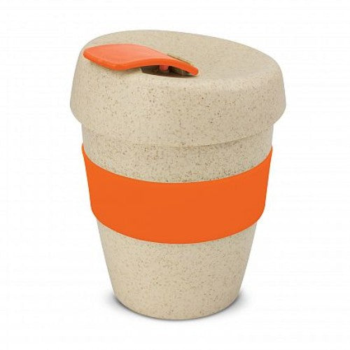 Eco-friendly orange reusable coffee cups set of 12, made from rice husk fiber and BPA-free polypropylene, 350ml capacity.
