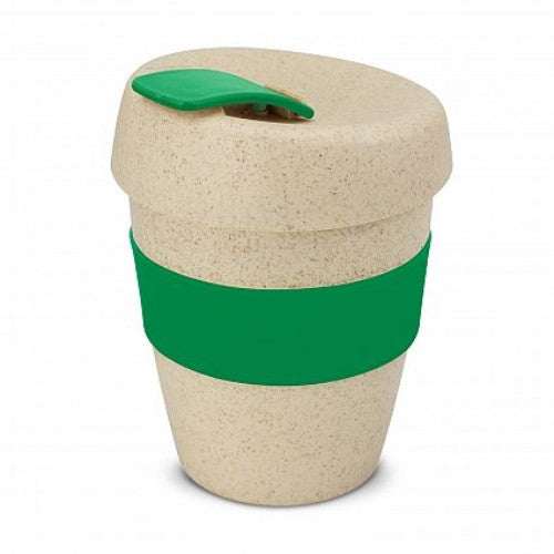Set of 12 dark green reusable coffee cups made from rice husk fiber, featuring silicone bands and secure lids for eco-friendly sipping.