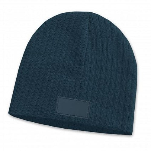 Navy cable knit beanie set of 6 with trendy patch, crafted from soft acrylic for warmth and comfort in winter.