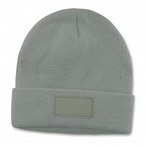 Set of 6 light grey Everest beanies with roll-up cuffs and matching leather look patches for warmth and style.