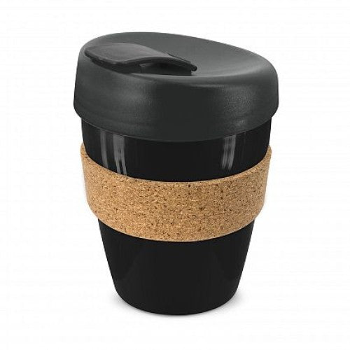 Set of 6 black reusable coffee cups with cork bands, 350ml capacity, and splash-proof lids for stylish on-the-go sipping.