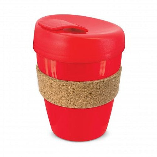 Set of 6 eco-friendly red reusable coffee cups with cork bands, shatterproof design, and secure splash-proof lids.