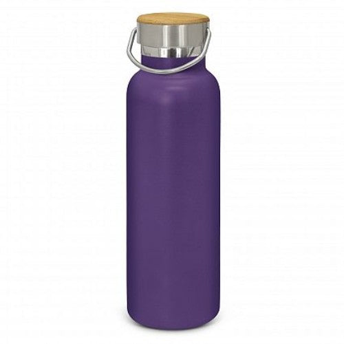 Purple powder-coated Nomad Deco vacuum bottle with stainless steel, 650ml capacity, and bamboo veneer for stylish hydration.