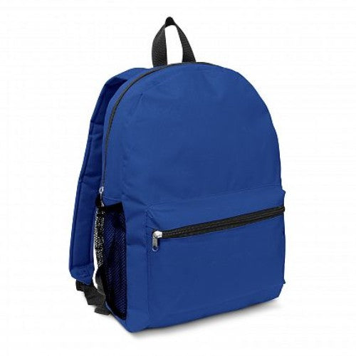 Set of 3 durable royal blue Scholar Backpacks with zippered closures, front pockets, and padded shoulder straps for comfort.