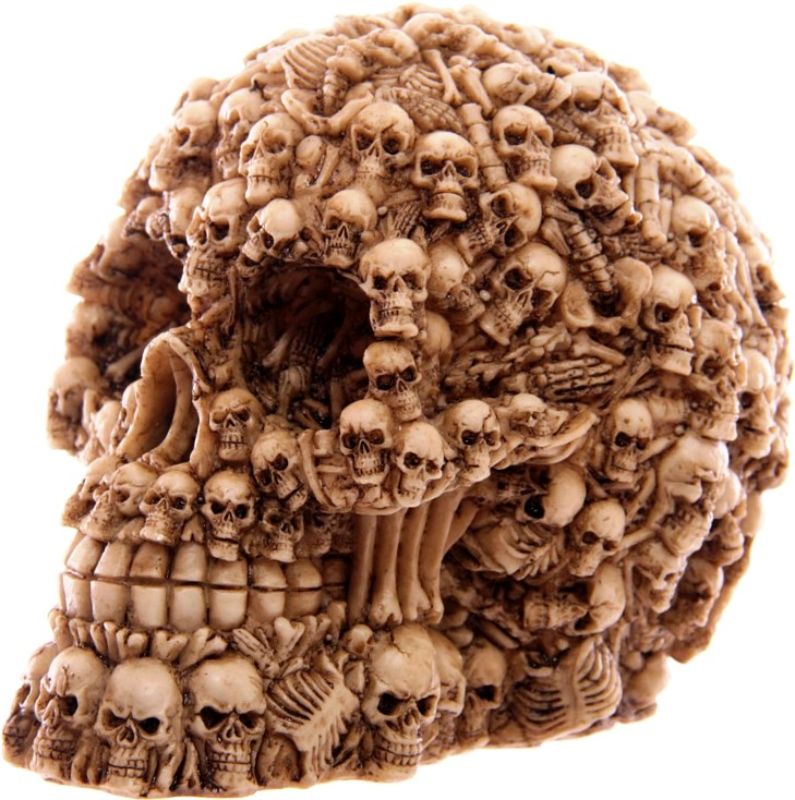 Skull ornament with intricate multi-skeleton design, 12cm tall, perfect for gothic decor or Halloween celebrations.