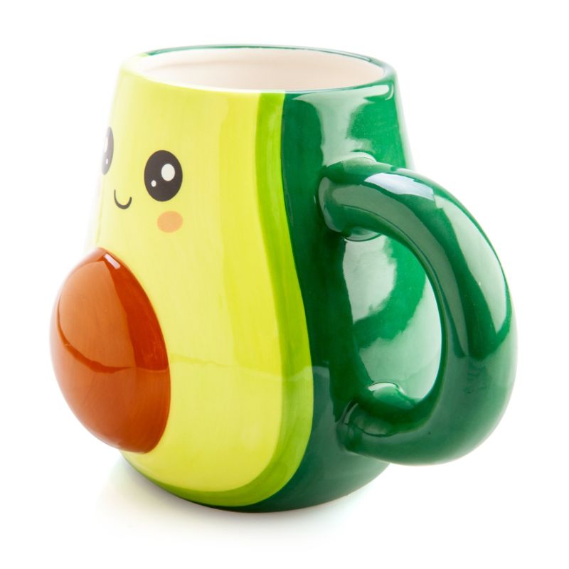 3D avocado-shaped mug with a rounded pit, perfect for avocado lovers; hand wash only, measures 15x11x11 cm.