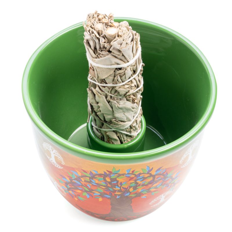 Ceramic smudge bowl with vibrant tree of life design, perfect for sage and catching ashes, measuring 12.5 cm.
