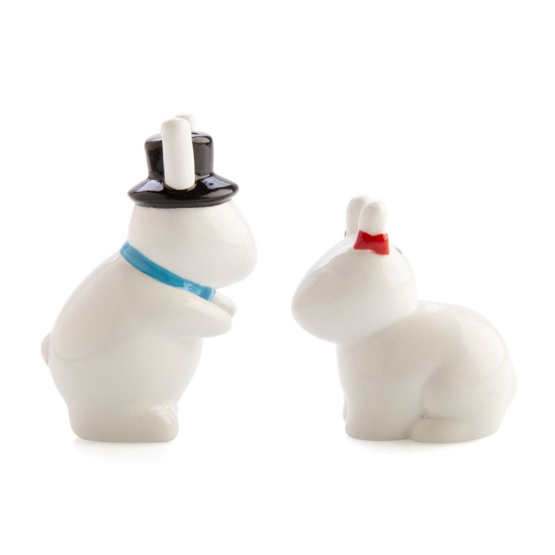 Cheeky ceramic salt and pepper shakers shaped like bunnies, featuring a top-hatted and bow-tied pair.