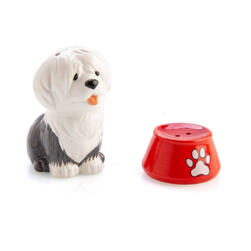 Salt and pepper set featuring an Old English Sheepdog and a red bowl, perfect for dog lovers' dining decor.