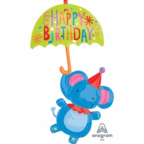 Colorful elephant and umbrella foil balloon, 99cm x 144cm, perfect for kids' birthday parties and festive decor.