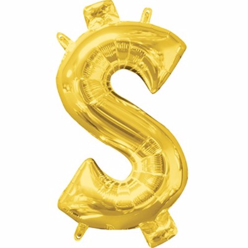 Gold 40cm foil balloon shaped like a dollar symbol, ideal for financial celebrations and glamorous party decor.